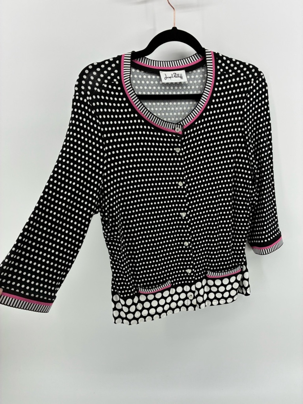 Joseph Ribkoff Black & White Polka Dot Tank Top 3/4 Sleeve Blazer with Pink Trim - Picture 5 of 14
